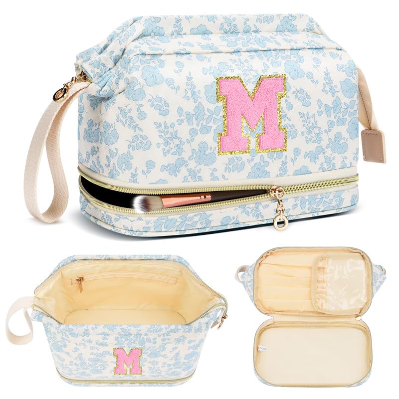 DTBG Personalized Initial Makeup Bag,Flowers Quilted Makeup bag Valentine's Day Gifts for Girls,Teen, Women, Double Layer Travel cosmetic Bag with