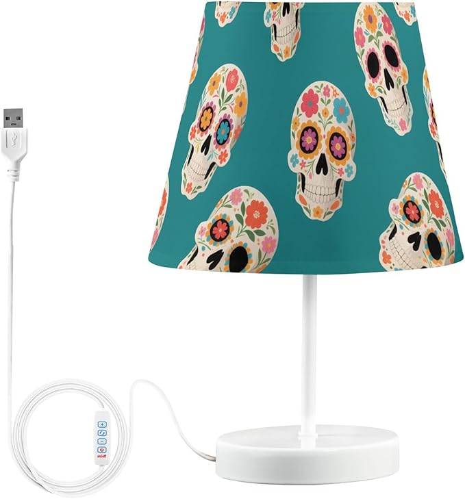 ALAZA Table Lamp Skull Blue Skeleton Sugar Bedside Lamp for Bedroom LED Nightstand Desk Lamp with USB Port, 3 Way Temperatures