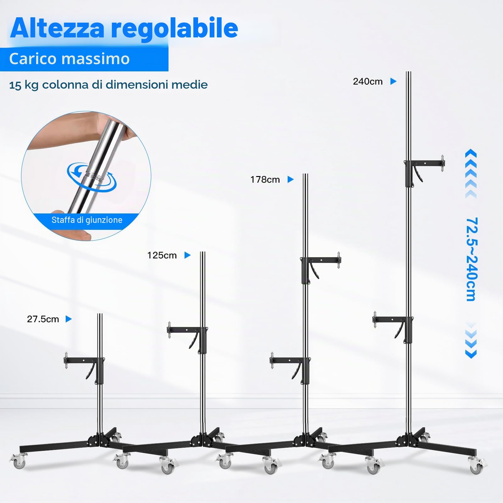 Soonpho Metal Heavy Roll Stand Studio Stand 240cm Robusto Stativo Fotografico con ruote per treppiede e kit di 2 maniglie scorrevoli,capacità di carico massimo 15kg per Monolight Softbox Reflector
