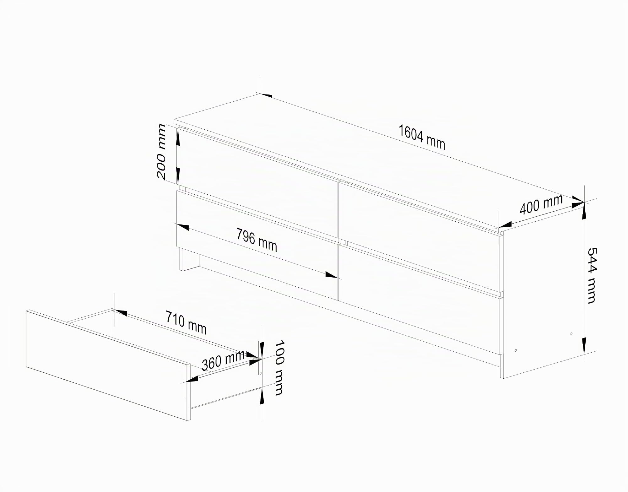 AKORD Cassettiera K 160 cm | 4 Cassetti | Moderna Mobiletto per il soggiorno Camera da letto Armadio Soggiorno Bagno | Salvaspazio | 160 x 55 x 40 cm | Handgemaakt Eik/Wit