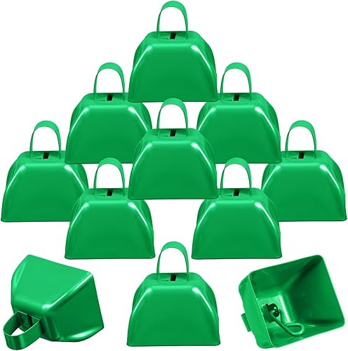 Therwen Paquete de 12 campanas de metal para hacer ruido de vaca, con asa, de 3 pulgadas, campanas de percusión de mano a granel para eventos