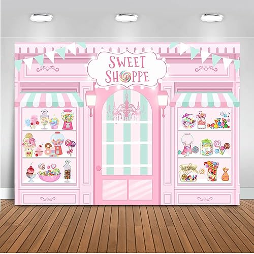 Mocsicka Sweet Shoppe - Telón de fondo para sala de postres para fiesta de cumpleaños, decoración de dona, helado, pastel, mesa, sesión de fotos,