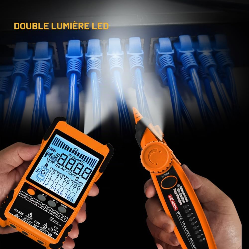 Testeur de câble multifonctionnel avec écran LCD, test POE, recherche numérique analogique, avec 3 ID d'appairage de câble, longueur câble réseau réglable, suivi de mesure court-circuit circuit ouvert
