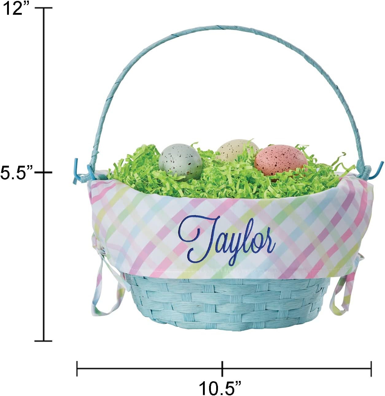 Personalized Easter Egg Basket with Handle and Custom Name in Navy Script | Multicolor Gingham Easter Basket Liners | Blue Basket | Woven Easter Baskets for Kids and Adults | Customized Easter Basket