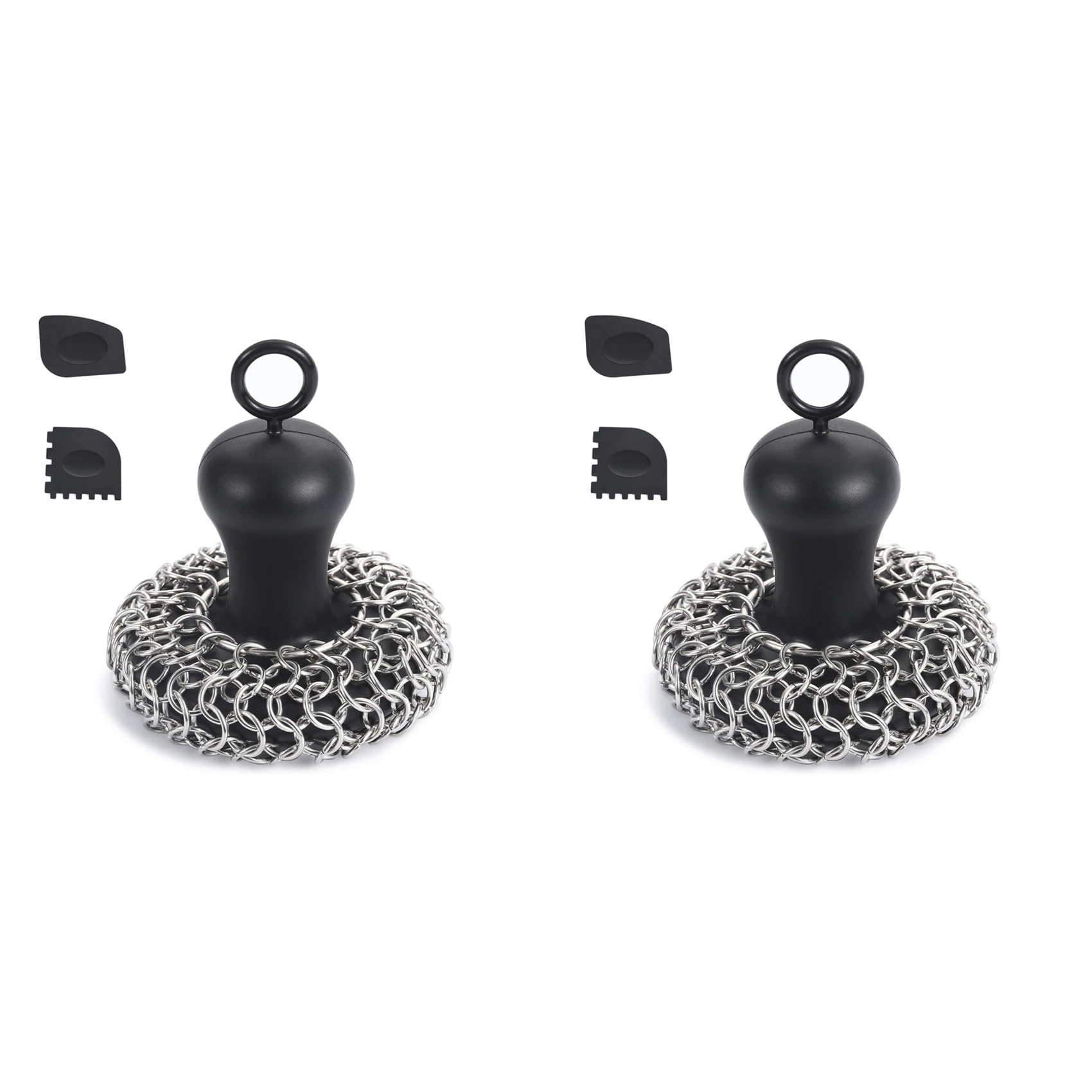 Hndhbfgrt 2X Cast Iron Chainmail Scrubber + Pan Stainless Steel Skillet Cleaner, Scraper Tool for Cast Iron Pans Black