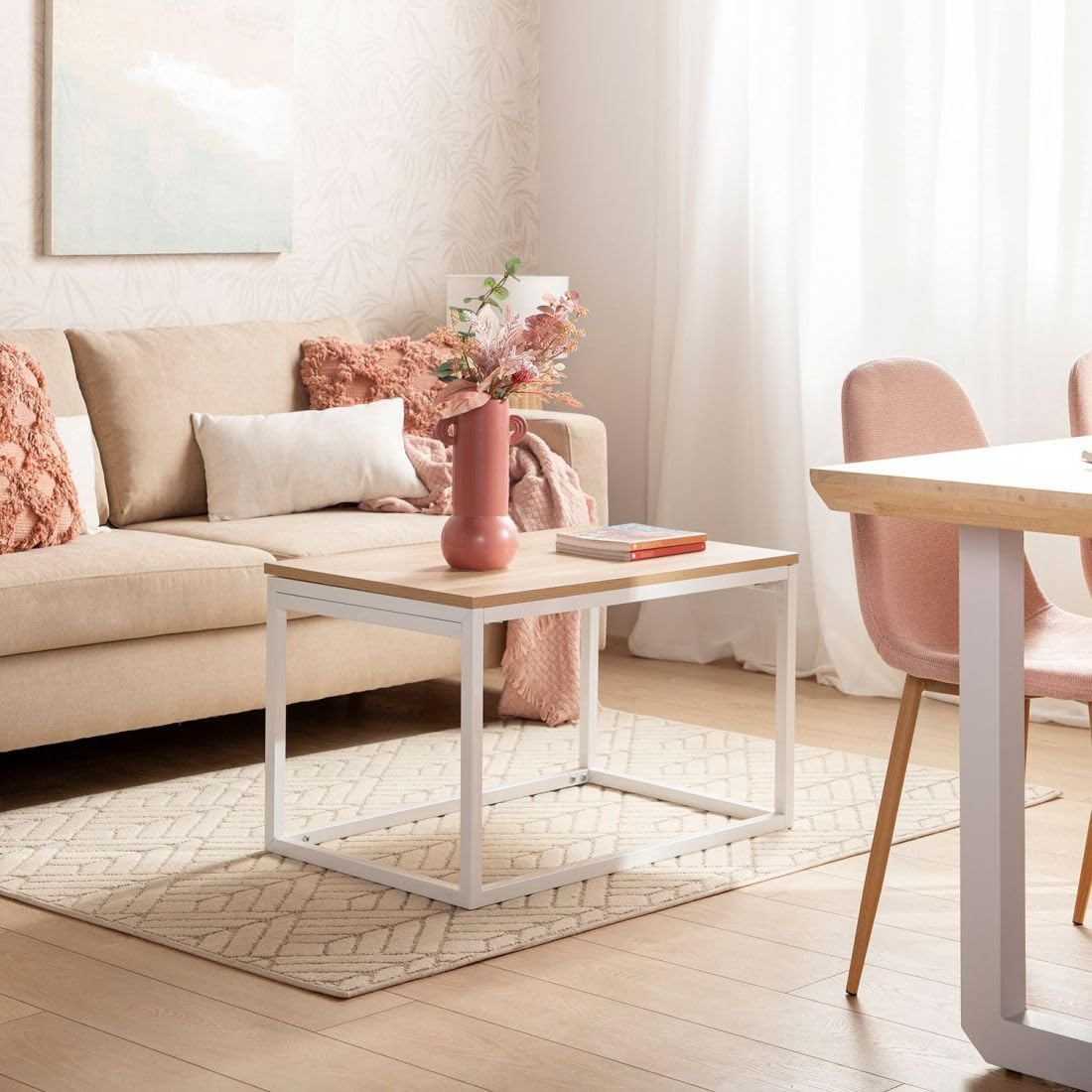 KLAST Mesa de Centro elevable en Madera Color Natural con Pata Blanca