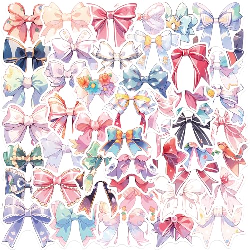 Bows Aesthetic Stickers for Girls, 50PCS Vintage Anime Bow-Knot Stickers, Vinyl Waterproof Pink Bows Stickers for Water Bottle Laptop Scrapbook Journal, Gifts for Kids Teens Women