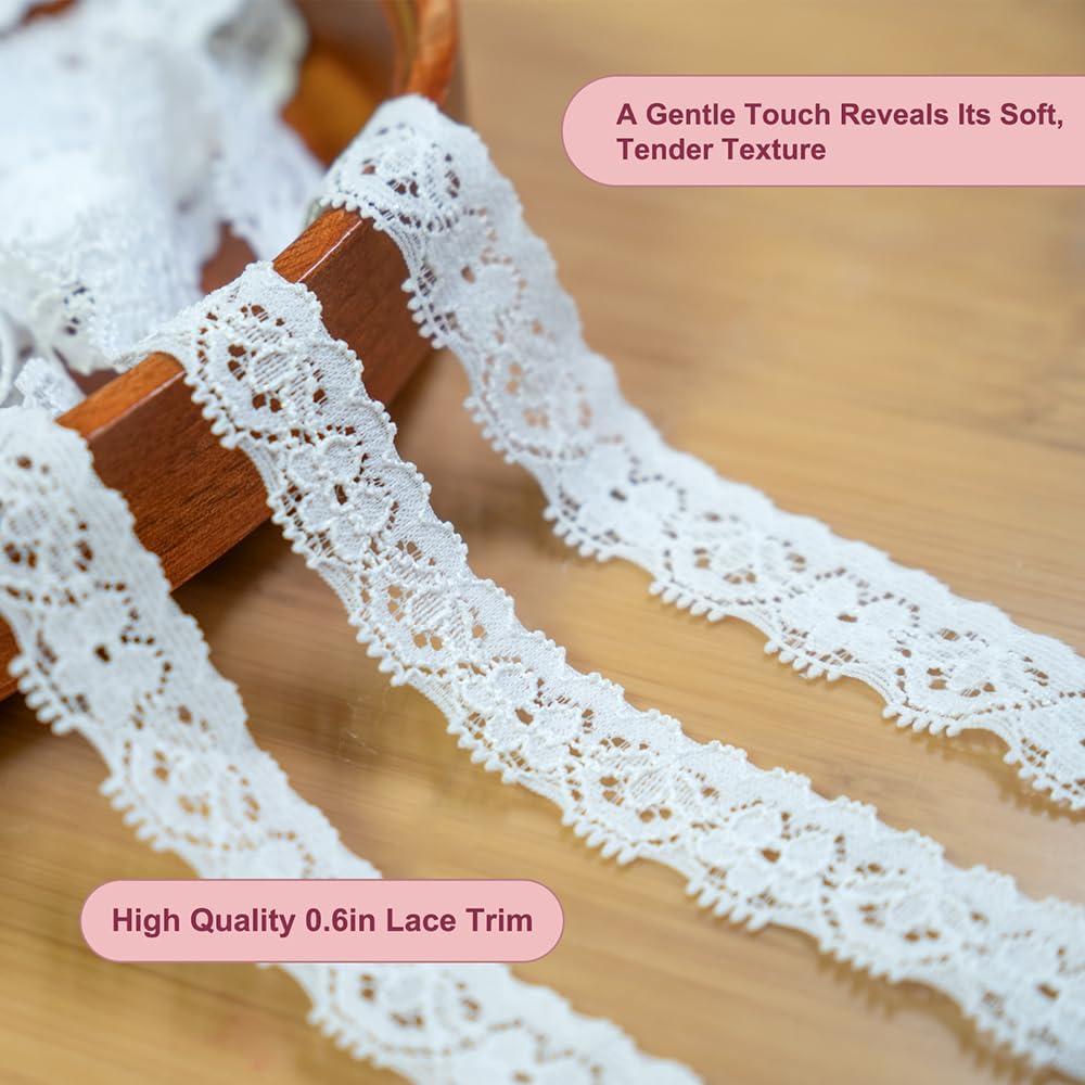 30 Yards White Lace Ribbon, 0.6 inch Narrow Elastic Lace Trim, Elegant Trim for Crafting, Gift Wrapping, Dress Embellishment, Wedding Decor, Bow Making & Sewing Crafts
