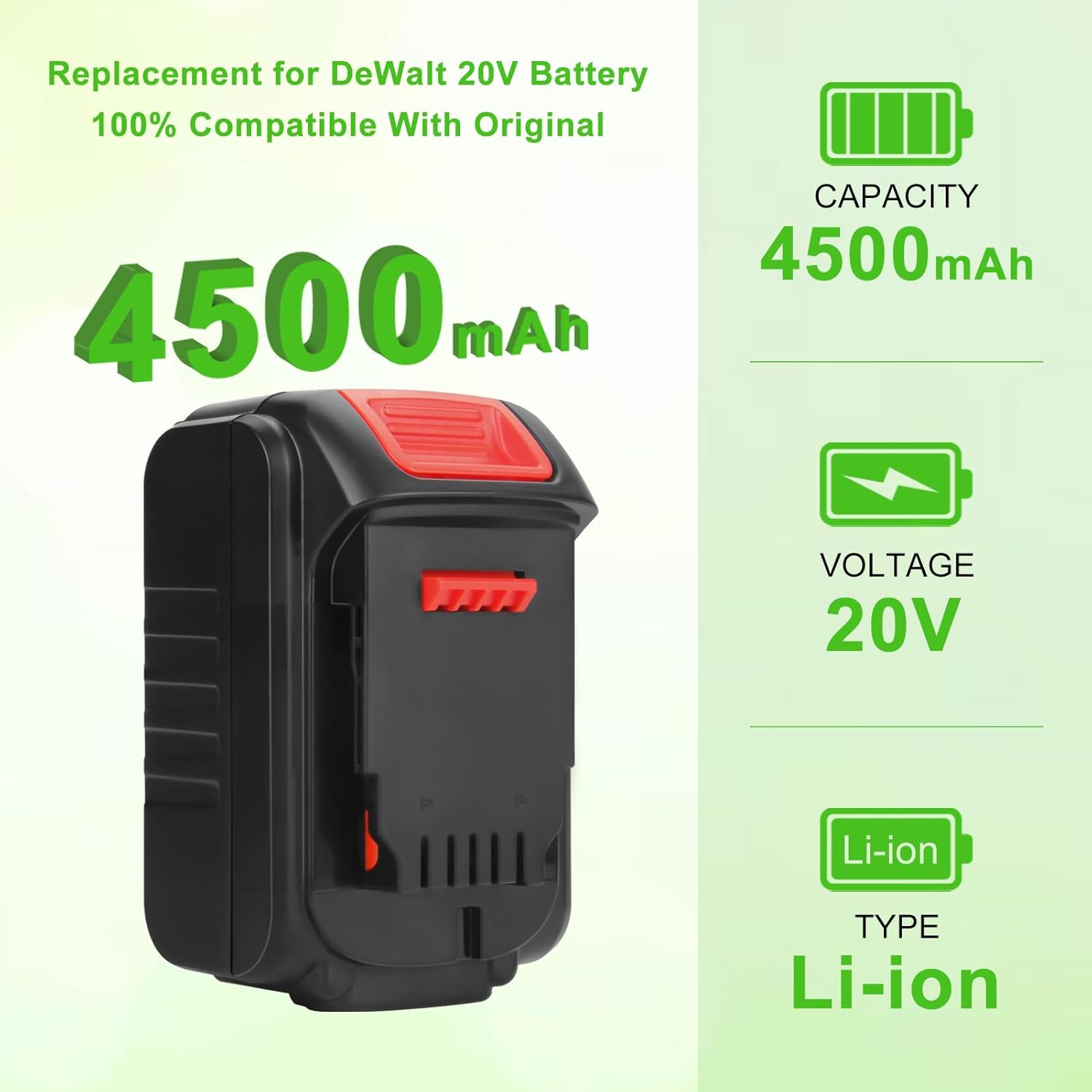 2 Pack 4.5Ah Replace for DeWalt 20V Battery DCB200 DCB204 DCB206 DCB206-2 DCB201 DCB203 DCB181 DCB180 DCD/DCF/DCG 20V XR Battery