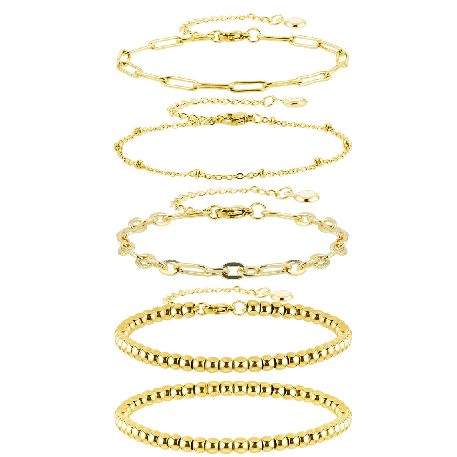 DIVINA VITAE5 Pcs Gold Stack Bracelet Set for Women Girls Gold Plated Beaded Bracelets Dainty Cuban Link Paperclip Chain Bracelet Stackable Gold Bracelets Adjustable Layered Metal Bracelets Fashion Jewelry