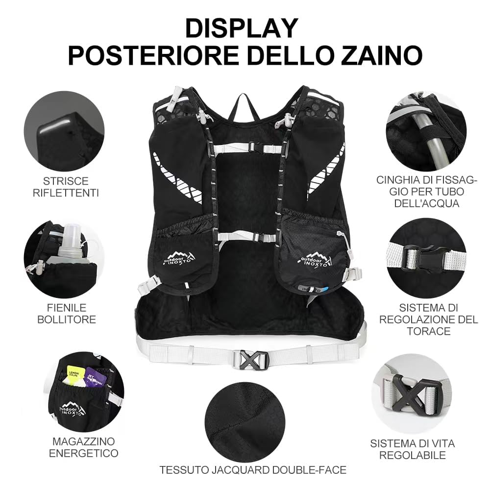 INOXTO Zaino da Corsa 5L - Leggero Zaino Idratazione con Strisce Riflettenti,Rete Traspirante per Outdoor, Maratona, Ciclismo, Alpinismo, Uomoe Donna
