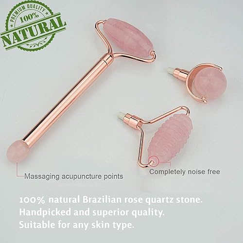 Miniatura 3 de Juego de rodillos de jade facial de metal, piedra de cuarzo rosa de jade 100% auténtica, rodillo facial de acupuntura 3 en 1 para arrugas