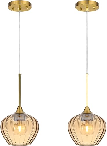 Paquete de 2 colgantes de cristal ámbar, 7 pulgadas, modernas, doradas, vintage, mini lámpara colgante de techo para cocina, isla, comedor, baño,