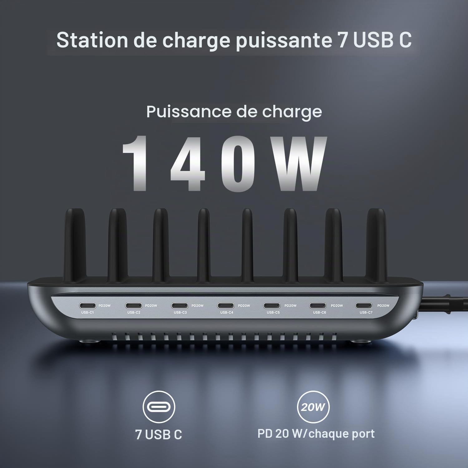 SooPii Station de Charge USB-C de qualité supérieure 140W 7 Ports,Noir | charge rapide PD 20 W par port pour smartphone et tablette, 7 câbles mixtes inclus