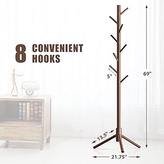 Haddockway Wooden Coat Rack Stand with 8 Hooks New Zealand Pine Adjustable Coat Standing Tree Easy Assembly for Coats, Hats, Scarves and Handbags for Entryway, Hallway, Bedroom, Office,2 PCS