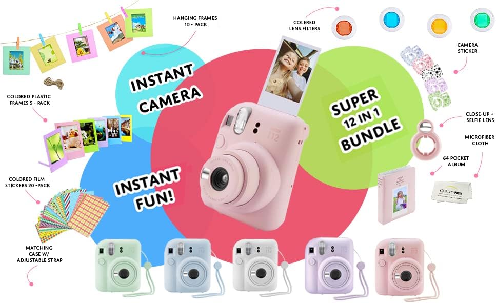 Miniatura 8 de Fujifilm Cámara instantánea Instax Mini 12 + 60 impresiones fotográficas + paquete de calidad fotográfica, funda, calcomanías decorativas, marcos,