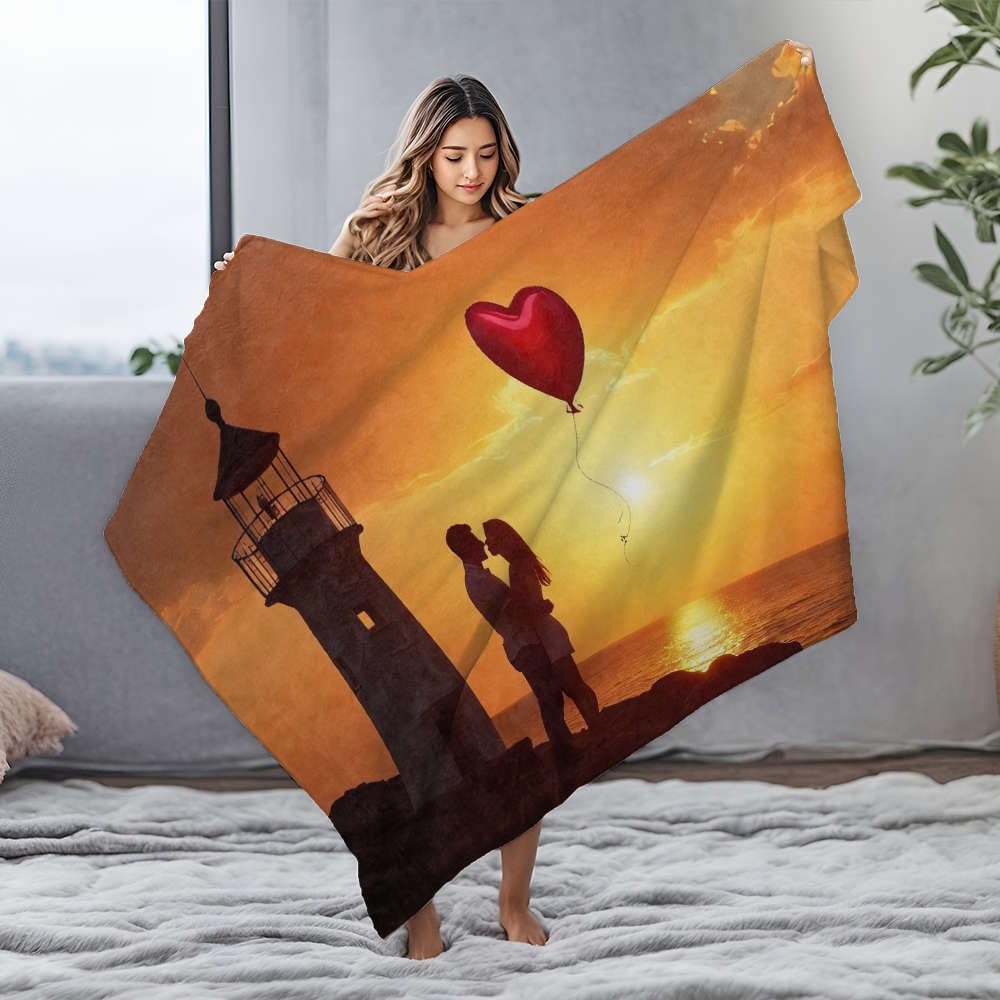 Torba Latarnia morska para zachód słońca serce balon. koc flanelowy niebieski koc uroczy narzuta (150 x 200 cm)