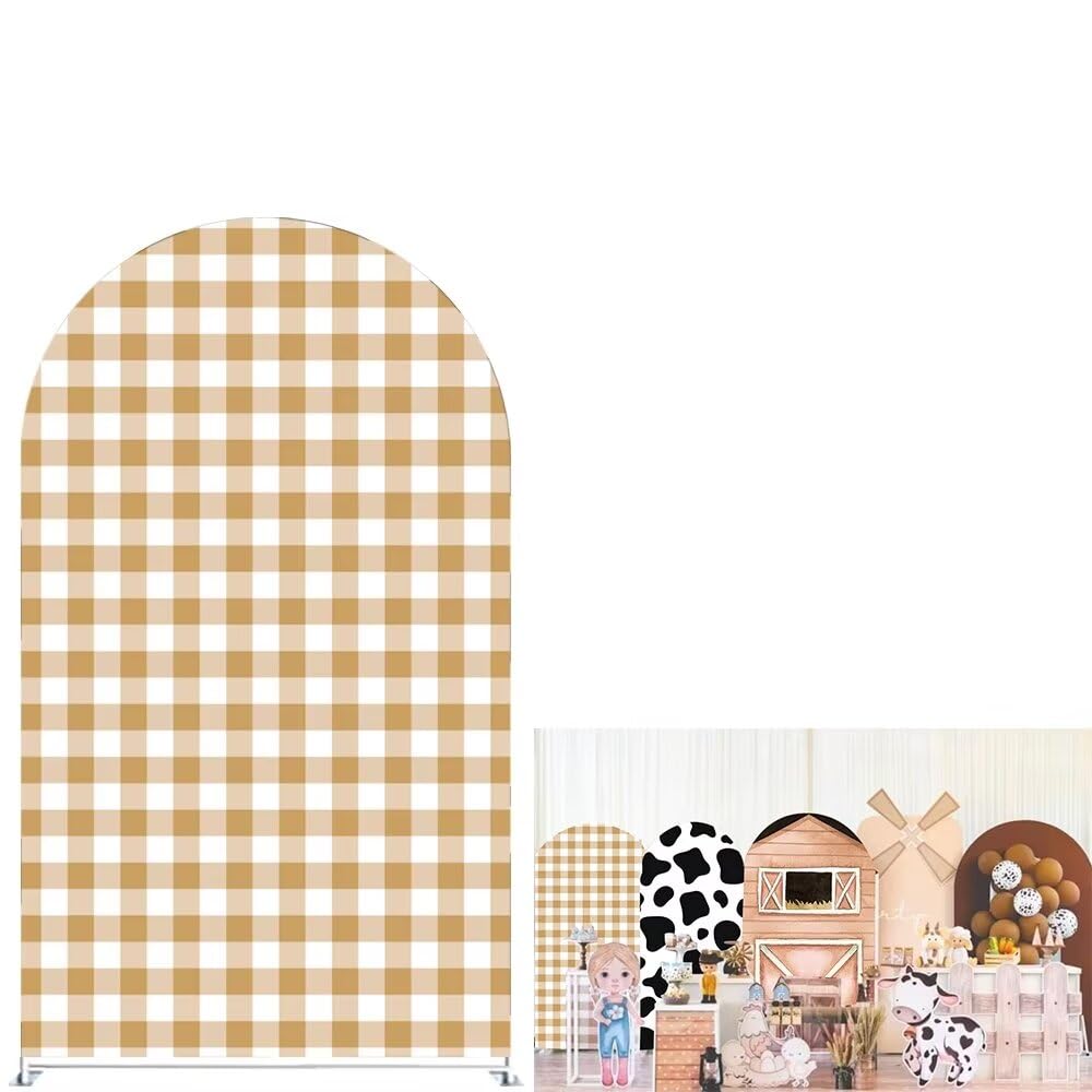 KONPON Beige Plaids Arch Background Covers for Farm Parties Stretchy Arched Stand Cover Baby Birthday Party Decoration(Only Cover)