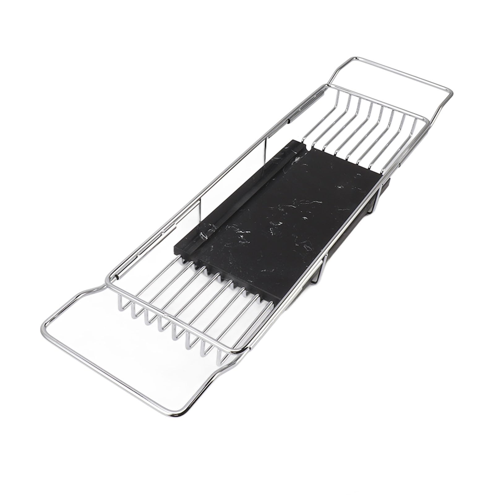 Bandeja de metal de mármol para bañera, estante de baño expandible de lujo para bañera, multifuncional, elegante diseño plateado y negro, perfecto para baños relajantes