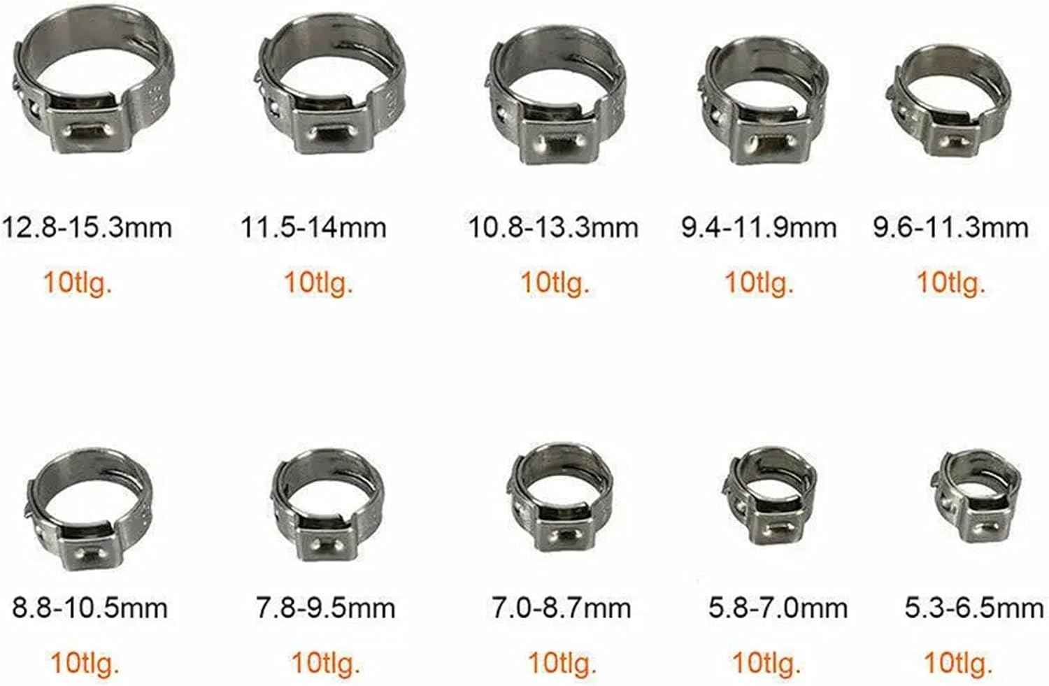100pcs Single Ear Hose Clamps 5.3-15.3mm Hose Clamp Set, O-Clips Single Ear Stepless Hose Pipe Clamps 304 Stainless Steel Hose Clamps Clamp Metal