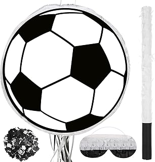 Capoda Pull String Pinata Basketball Football Soccer Pinata Bundle with Tassel Blindfold Bat and Confetti Birthday Party Pinata Decorations for Kids Sports Themed Party Supplies (Soccer)