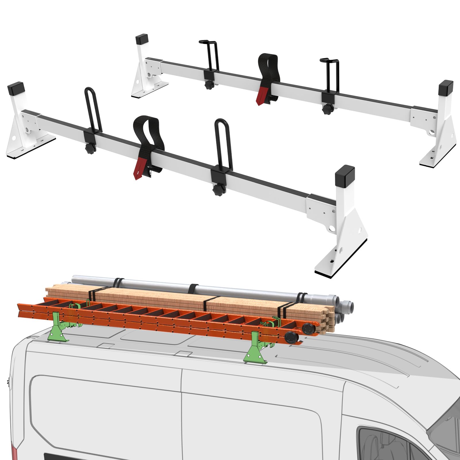 StarONE 54" Van Ladder Rack,Van Roof Rack Fit for 2015-On Ford Transit 150 250 350,White,2 Bars,500lbs