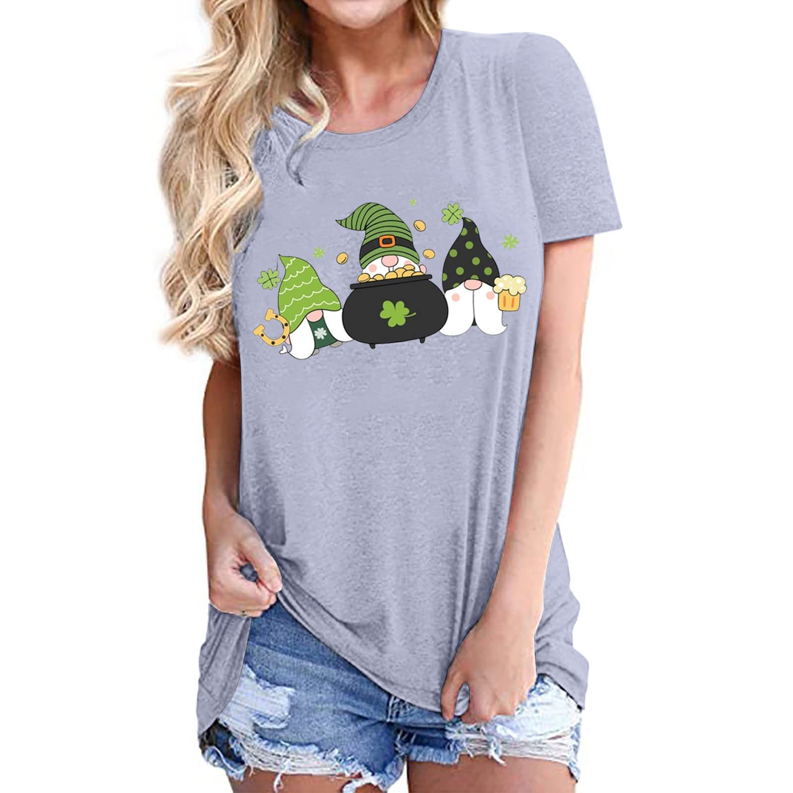 TREBIN St. Patrick's Day Women's Cute Printed Short Sleeve Round Neck Front Shoulder Retro Short Sleeve