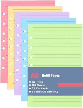 A5 Filler Paper - Mini Binder 5 Colorful Line Paper for 3 or 7 Ring Binders - 100 Sheets/200 Pages Loose Leaf Paper Line Refills, Per Color 20 Sheets, Desk Size 4, 5.8" x 8.25"