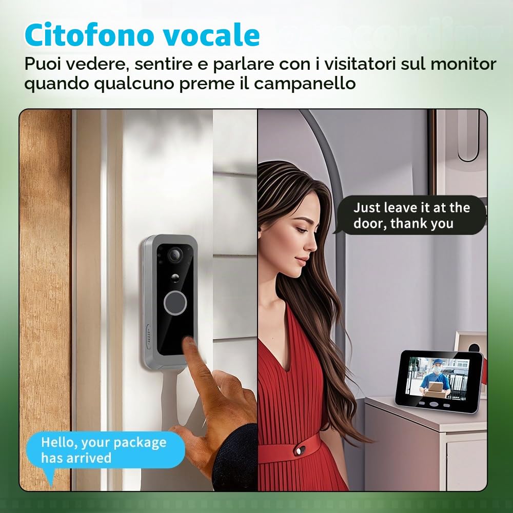 300VK Senza Fili del Citofono Video del Campanello con Schermo a 4.3 Pollici, Spioncino1080P con Scheda di Memoria 32GB, Rilevamento del Movimento, Audio Bidirezionale, Impermeabile