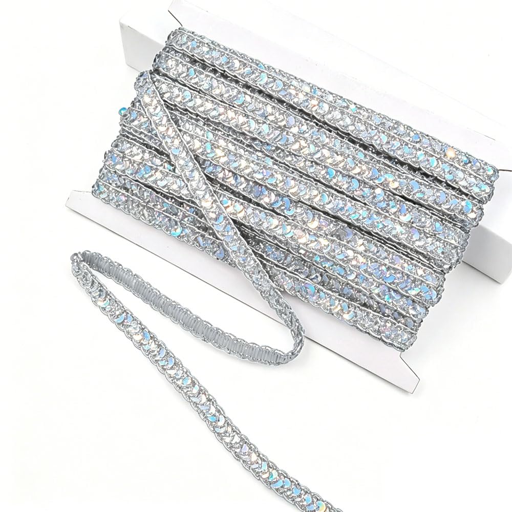 1cmx12m Silver Sequin Trim, Glitter Sequin Braid Trim Flat Paillette Fabric Ribbon for Sewing Crafting