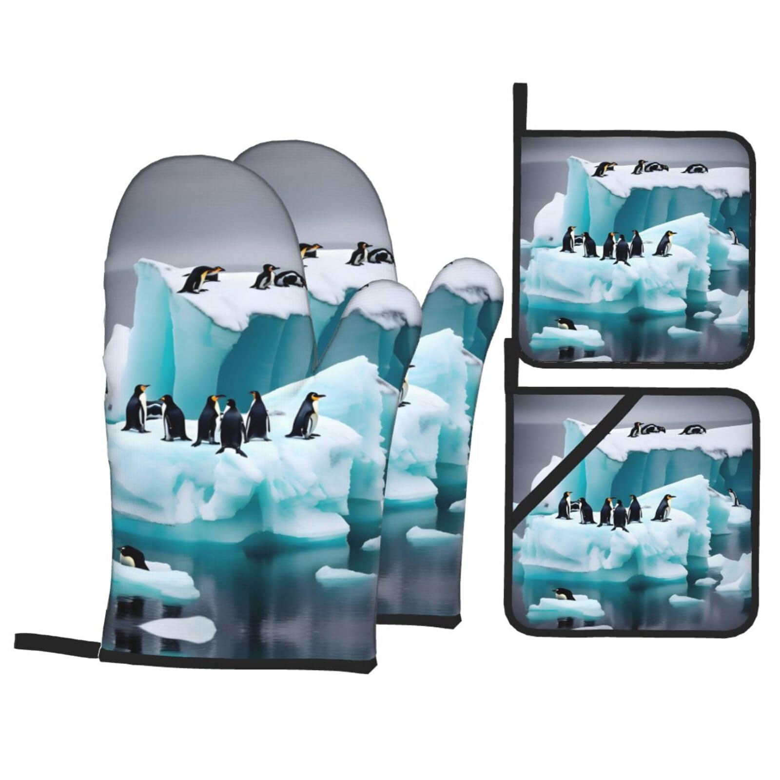 Penguins On The Iceberg Print Oven Microwaving Waterproof Kitchen Gloves for Baking Grilling Holiday Cooking