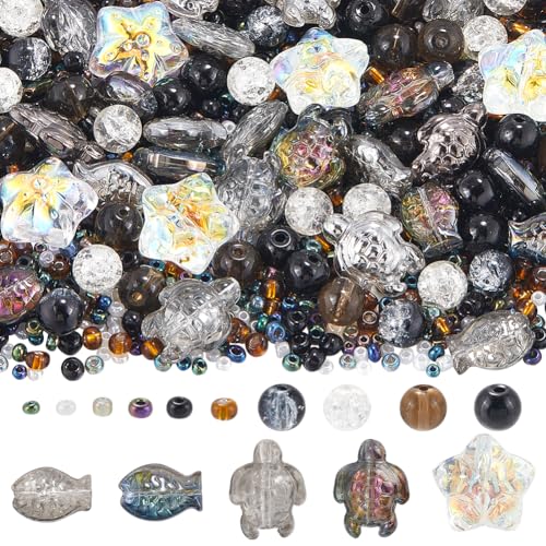SUNNYCLUE 1 Box 3000+Pcs Glass Ocean Beads Sea Animal Bead Silver Black Sea Turtle Bead Bulk Hawaii Summer Fish Starfish Beads Spacer Loose Bead for jewellery Making DIY Bracelets Earrings Necklaces