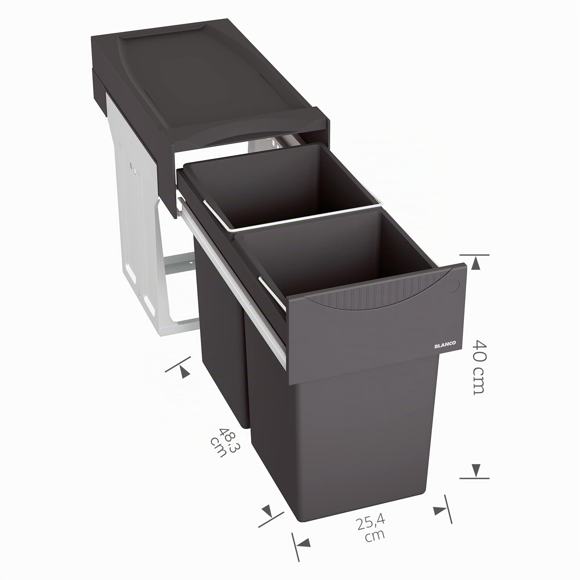 BLANCO BOTTON II 30/2 | Plastica, Lamiera di acciaio | Armadio da 30 pezzi | Sistema di montaggio a pavimento dietro le ante a battente | Secchio da 2 x 15 litri