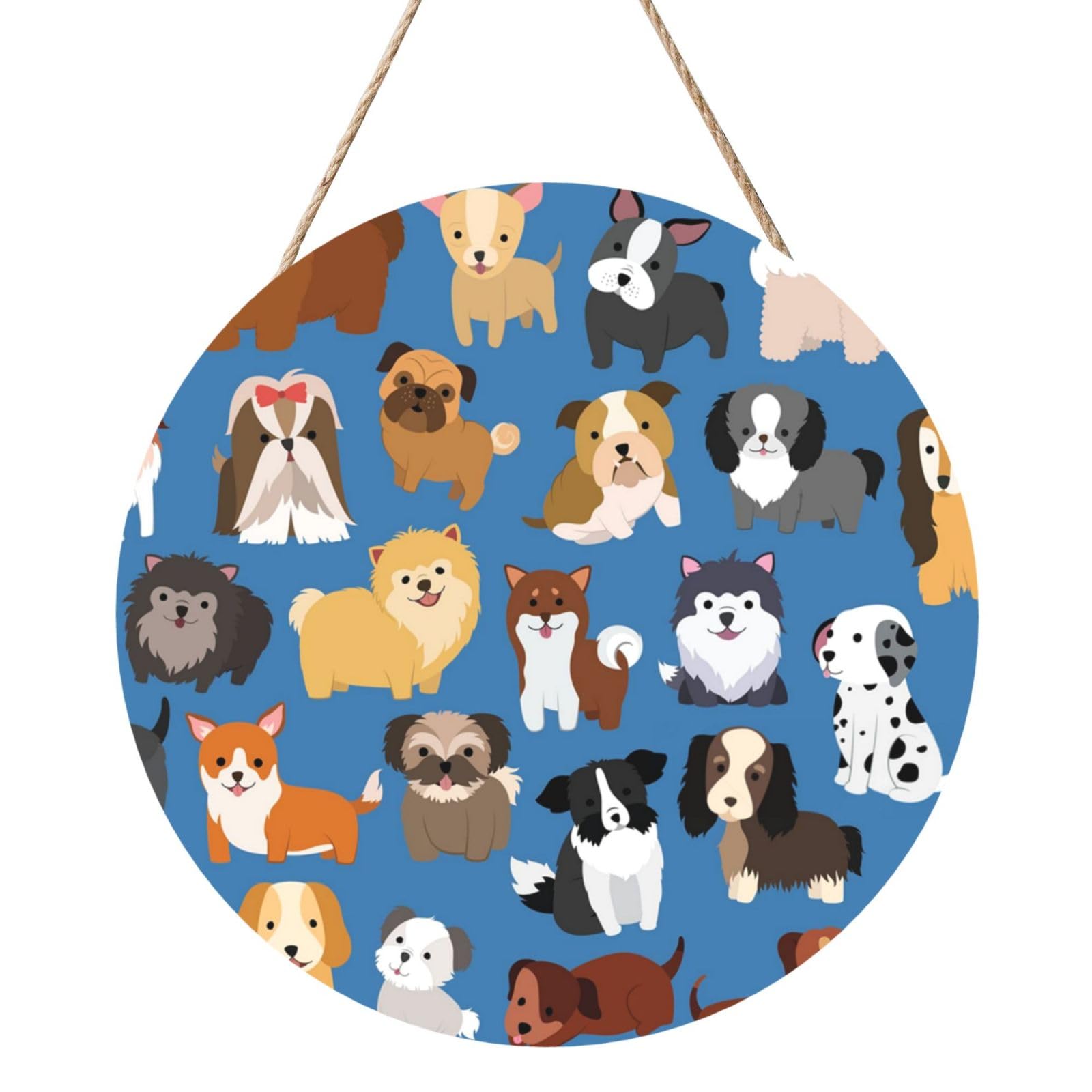 InOmak Cute Puppies Dogs, Round Wood Panel Painting 12 in, Wall Hanging Painting For Home