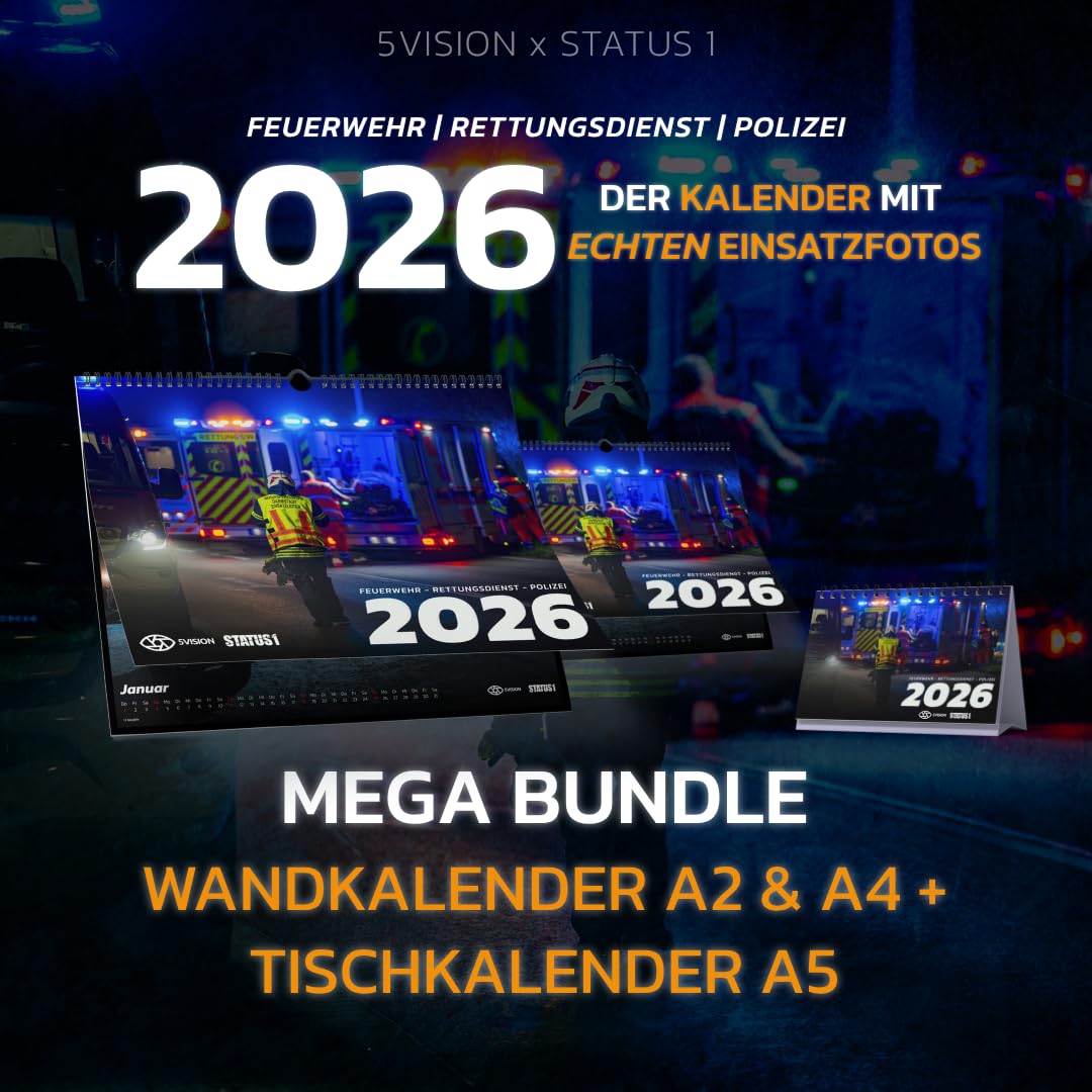 Feuerwehrkalender 2026 (Mega Bundle Wandkalender XXL A2 + A4 & Tischkalender A5) - Echte Einsätze von Feuerwehr, Rettungsdienst & Polizei - der Blaulichtkalender von 5 VISION & STATUS 1