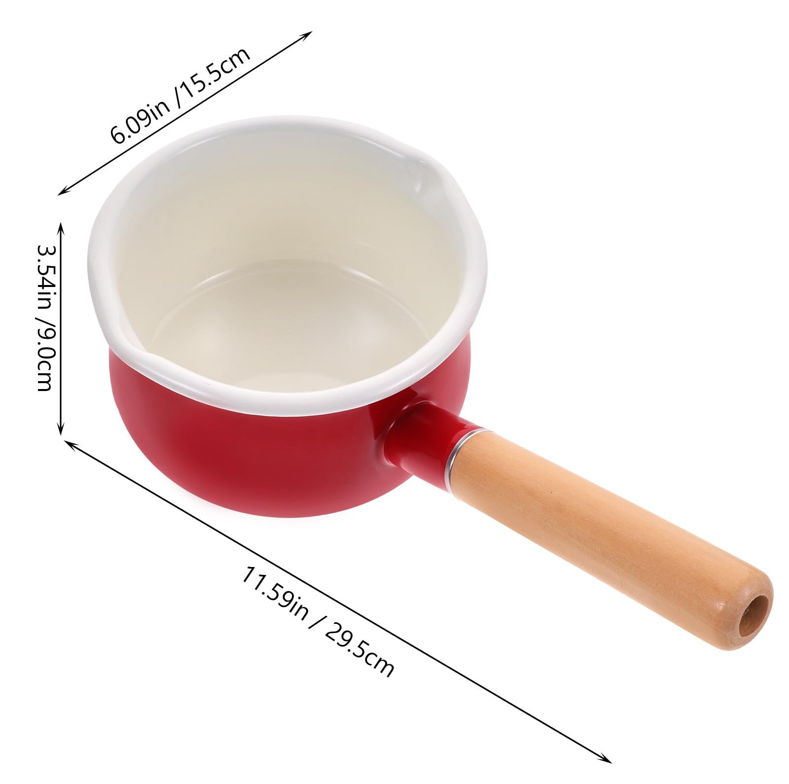 ERINGOGO Pentola Smaltata Piccola da 15 CM Doppio Beccuccio Pentolino per Latte e Alimenti Complementari Casseruola Manico in Legno Antiscivolo per Cucina Quotidiana