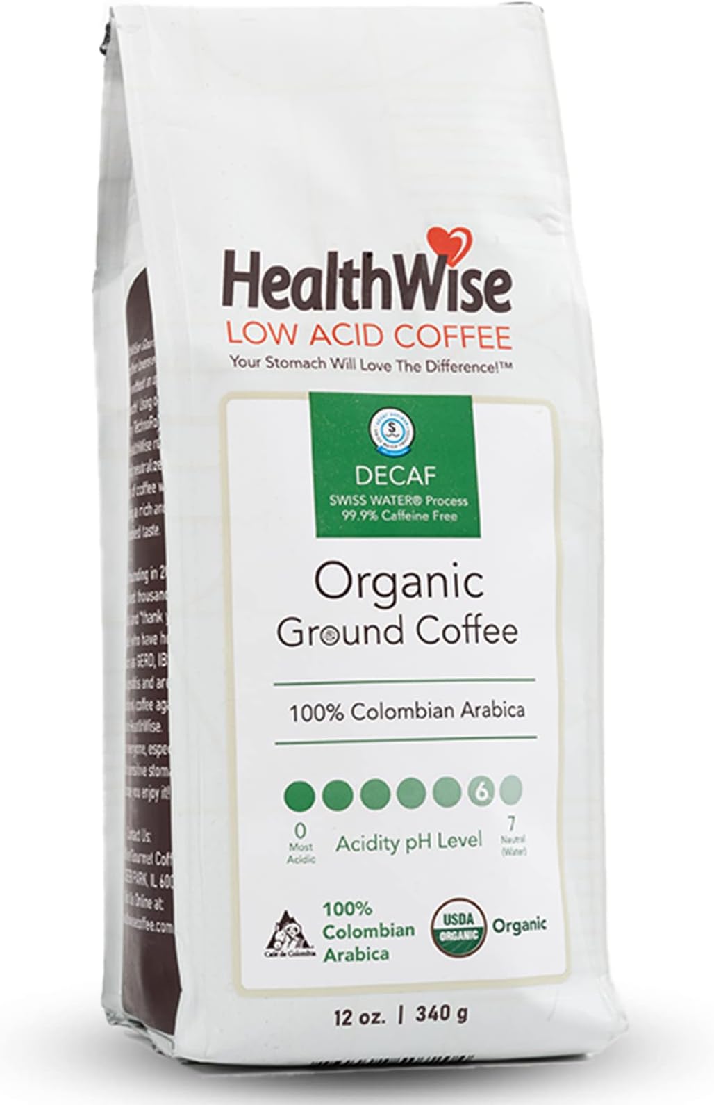 HealthWise Low Acid Organic Ground Coffee | 100% Colombian Swiss Water Decaf | Healthier Coffee for Sensitive Stomachs - Acid Reflux, Heartburn, Gastro Issues |Swiss Water Decaf | 12 oz. - 340 g