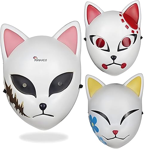 Ginkago 3 máscaras de animé de gato con luz LED, máscara de zorro japonés para Halloween, carnaval, mascarada, disfraces de cosplay