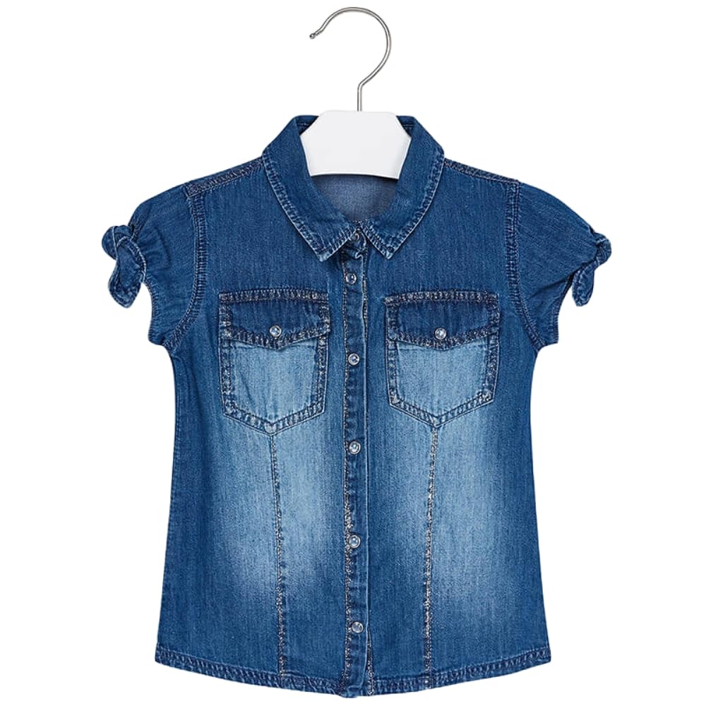 Generico Camisa vaquera para niña con mangas cortas rizadas y bolsillos delanteros, color azul, estilo casual y cómodo, perfecta para primavera y verano, 3106
