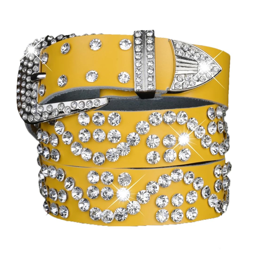 Women’S Trendy Rhinestone Decor Leather Belt Sparkling Waistband For Hip Hop Style