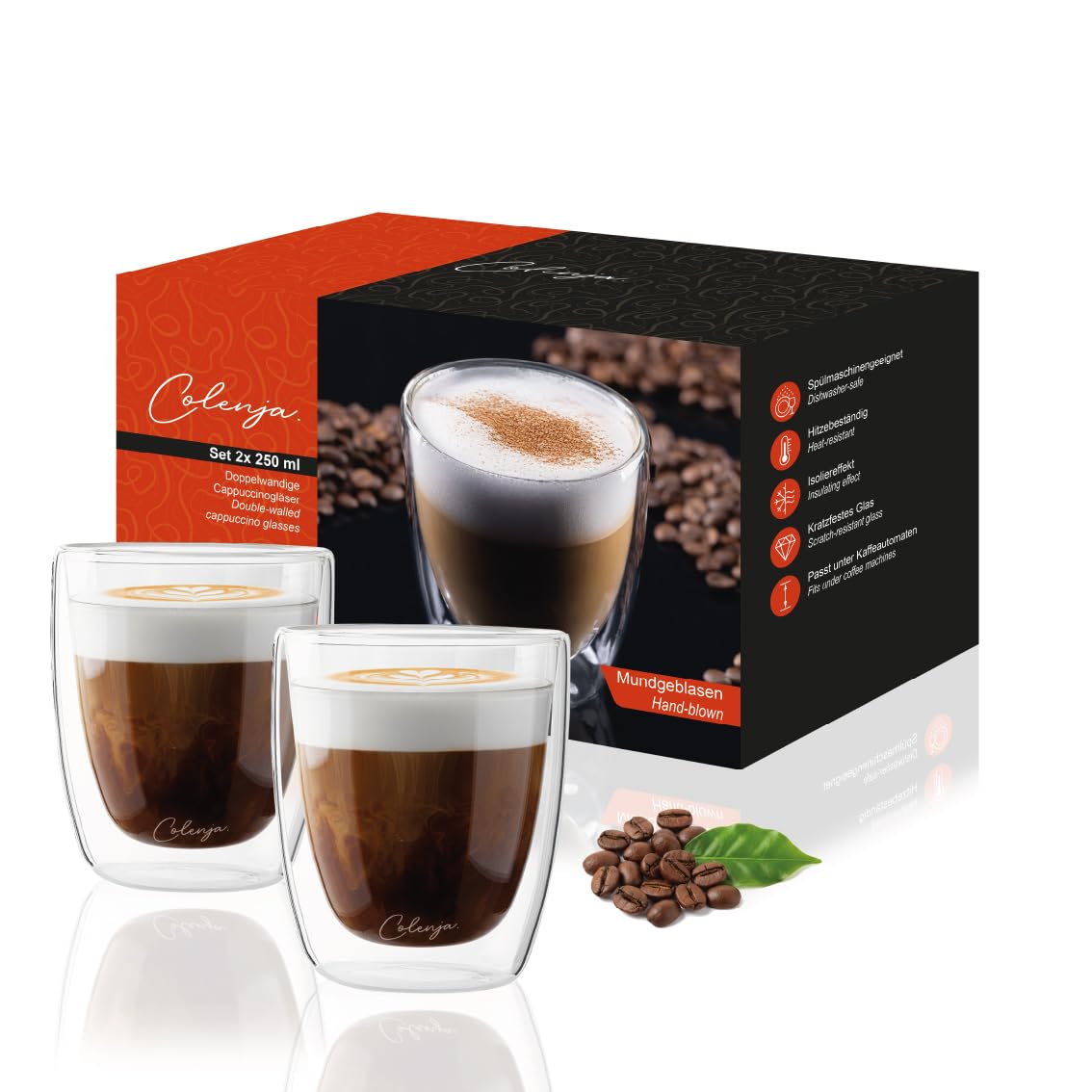Szklanki do kawy z podwójnymi ściankami do cappuccino – zestaw 2 szt. 250 ml – wysokiej jakości szklanki do cappuccino – szkło odporne na zarysowania – szkło borokrzemowe – nadają się do mycia