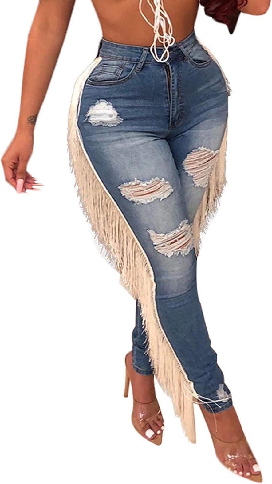 TIMEMEANS Women High Waist Ripped Tassel Skinny Jeans Stretch Frayed Cut-Out Fringe Denim Pants S-3XL