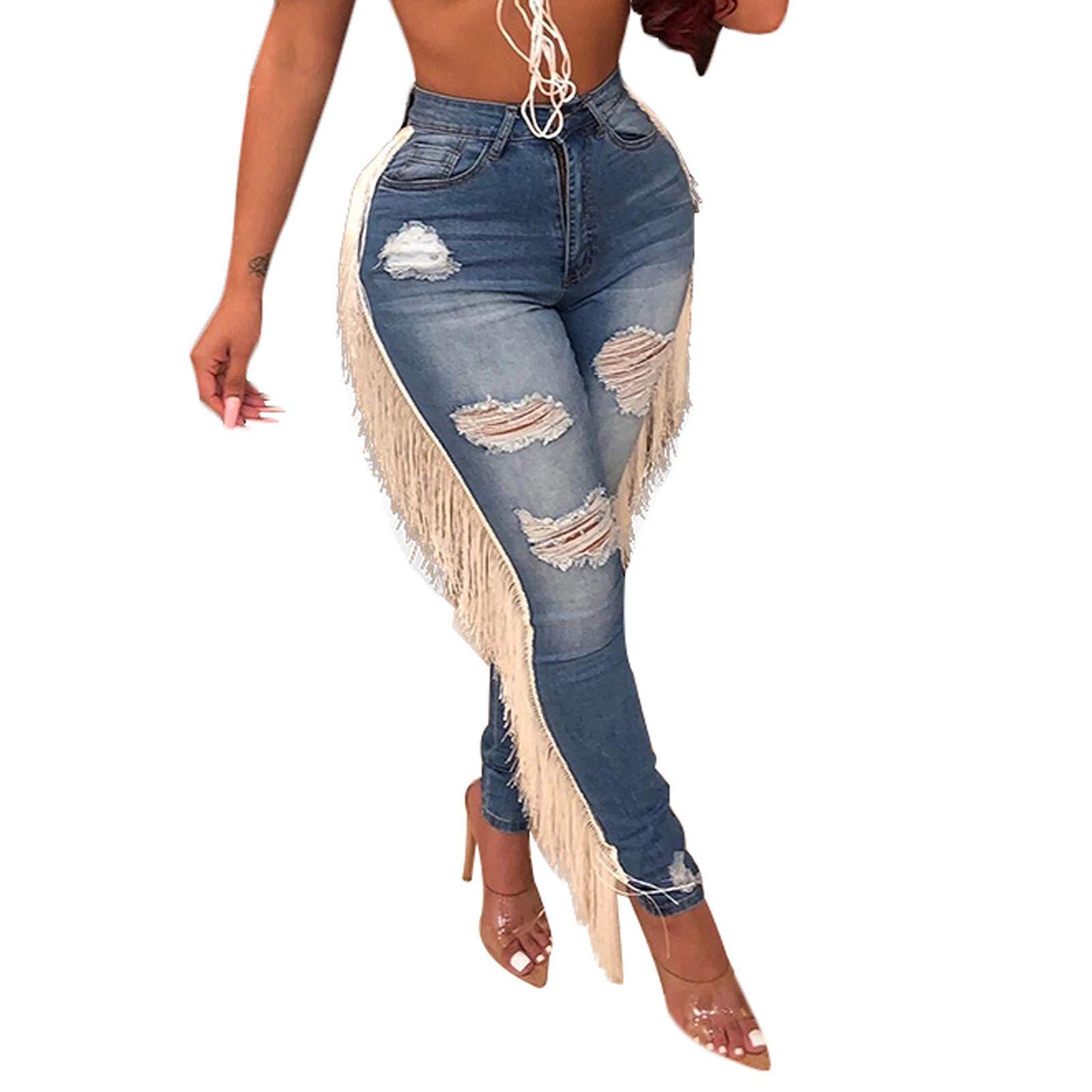 TIMEMEANS Women High Waist Ripped Tassel Skinny Jeans Stretch Frayed Cut-Out Fringe Denim Pants S-3XL