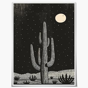 Yostyle Boho Canvas Black and White Wall Art Prints Mid-Century Modern Moon Plant Cactus Botanical Prints Minimalist Western Wall Decor for Bedroom Living Room 12x16in unframed