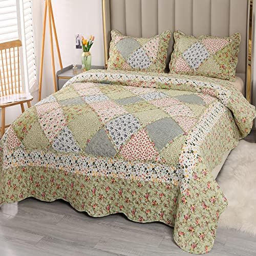 Quilt Set Queen Size Green Floral Patchwork Quilted Bedspread Coverlet Set 3-Piece Reversible Comforter Lightweight Stitched Quilt Bedding Set Bed Sheet Set Cover Blanket with 2 Pillow Shams