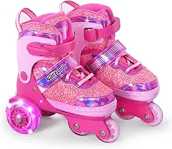 Nattork Patins infantis, 4 tamanhos ajustáveis, patins de três rodas para meninas de 3 a 7 anos com rodas divertidas e proteção de segurança - presente de aniversário para esportes internos e externos