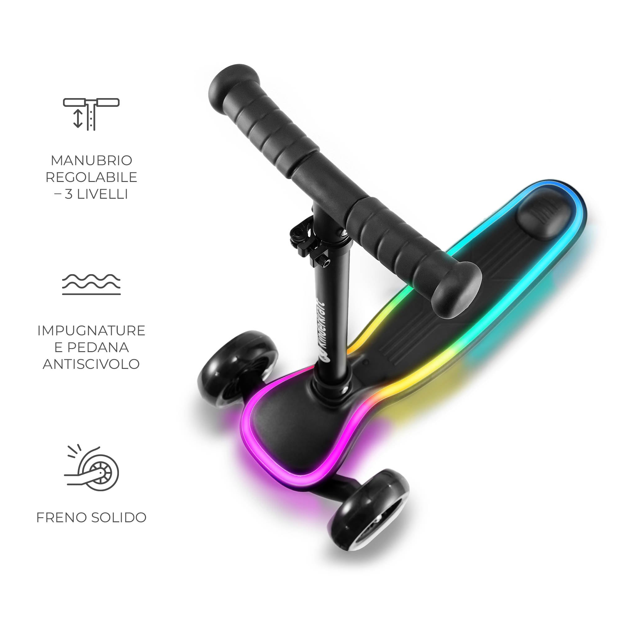 Kinderkraft RAKET Monopattino Bambini 2+ Anni a 3 Ruote con Luci LED RGB – Leggero e Pieghevole, Manubrio Regolabile, Sistema di Equilibrio, Freno Sicuro, Nero