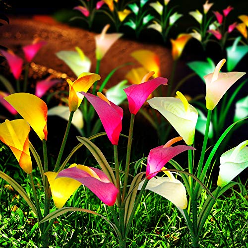 FORUP 3 Pack Solar Garden Stake Flower Lights, Outdoor Calla Lily Flower Lights with 12 Lily Flowers, Multi Color Changing LED Lily Solar Powered Lights for Patio, Lawn, Garden, Yard Decoration