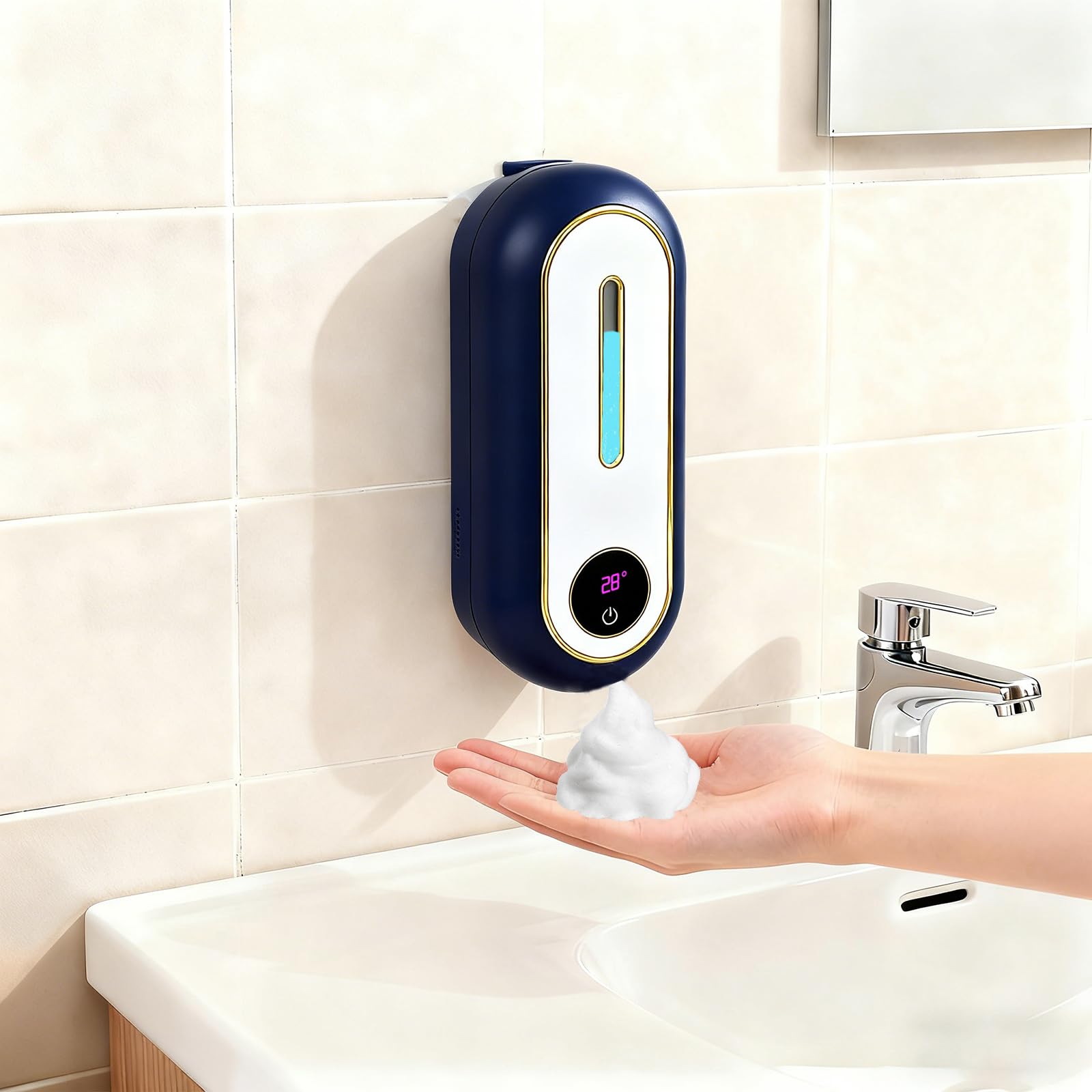Automatic Soap Dispenser, Smart Foam Soap Dispenser with Temperature Display &amp; Long-Last Battery, 450ML Large Capacity, 3 Modes for Kitchen Sink and Bathroom, Wall-Mounted Hand Soap Dispenser (Blue)
