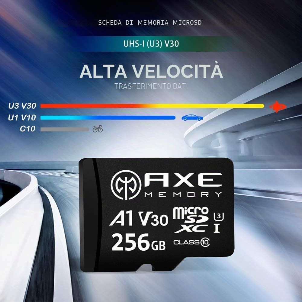 AXE MEMORY Scheda Micro SD 256 GB, Memoria MicroSDXC per Nintendo-Switch, GoPro, Drone, Smartphone, Tablet, 4K Ultra HD, A1 UHS-I U3 V30 C10, Lettura Fino a 95 MB/s, con Adattatore SD